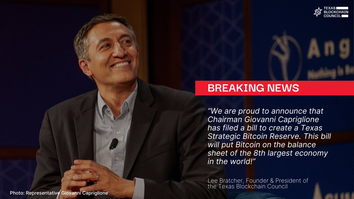 Lee ₿ratcher (@lee_bratcher) on Twitter photo TEXAS files a Bitcoin Strategic Reserve bill! Congratulations to Chairman <a href="/VoteGiovanni/">Giovanni Capriglione</a>, the bill author! Chairman Capriglione is the Chair of the Texas Pensions, Investments, and Financial Services Committee so this bill has legs! No taxpayer funds will be spent on the bitcoin. TEXAS files a Bitcoin Strategic Reserve bill! Congratulations to Chairman <a href="/VoteGiovanni/">Giovanni Capriglione</a>, the bill author! Chairman Capriglione is the Chair of the Texas Pensions, Investments, and Financial Services Committee so this bill has legs! No taxpayer funds will be spent on the bitcoin.
