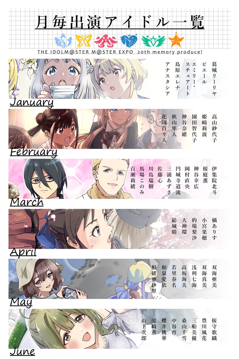 【登場アイドル一覧】
#アイマスエキスポ の新刊
『20年目もPRODUCE!』は事務所の垣根を超えた月毎の仕事の記録イラスト本になっています。
本誌に描写されているアイドルたちを一挙ご紹介しますのでぜひ参考にしてください!
#アイマスエキスポ頒布物_day1 
#アイマスエキスポお品書き_day1 