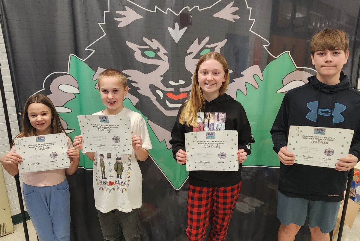 PrincipalTwolf's tweet photo. November SOTM! Proud of Finley, Beau, Ellie and Levi! Such great students representing Midland!

#twolves7pride https://t.co/KBZiOik20p
