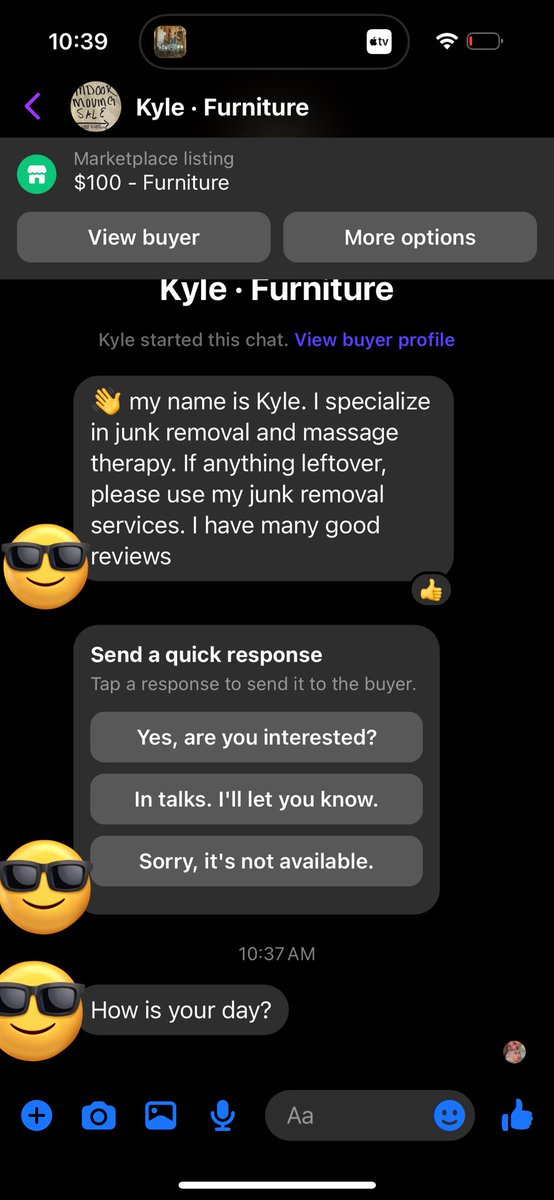 FB Marketplace isn’t as fun as Craigslist, but it’s close. In case yall need someone that specializes in junk removal and massage therapy.