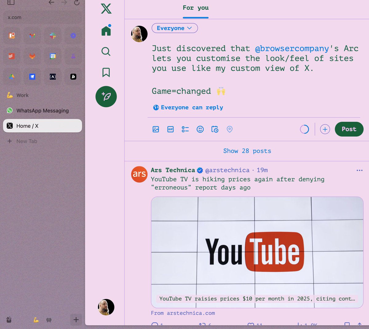 Joepress (@joeloveswords) on Twitter photo Just discovered that <a href="/browsercompany/">The Browser Company</a>'s Arc lets you customise the look/feel of sites you use like my custom view of X.
Game=changed ๐ Just discovered that <a href="/browsercompany/">The Browser Company</a>'s Arc lets you customise the look/feel of sites you use like my custom view of X.
Game=changed ๐