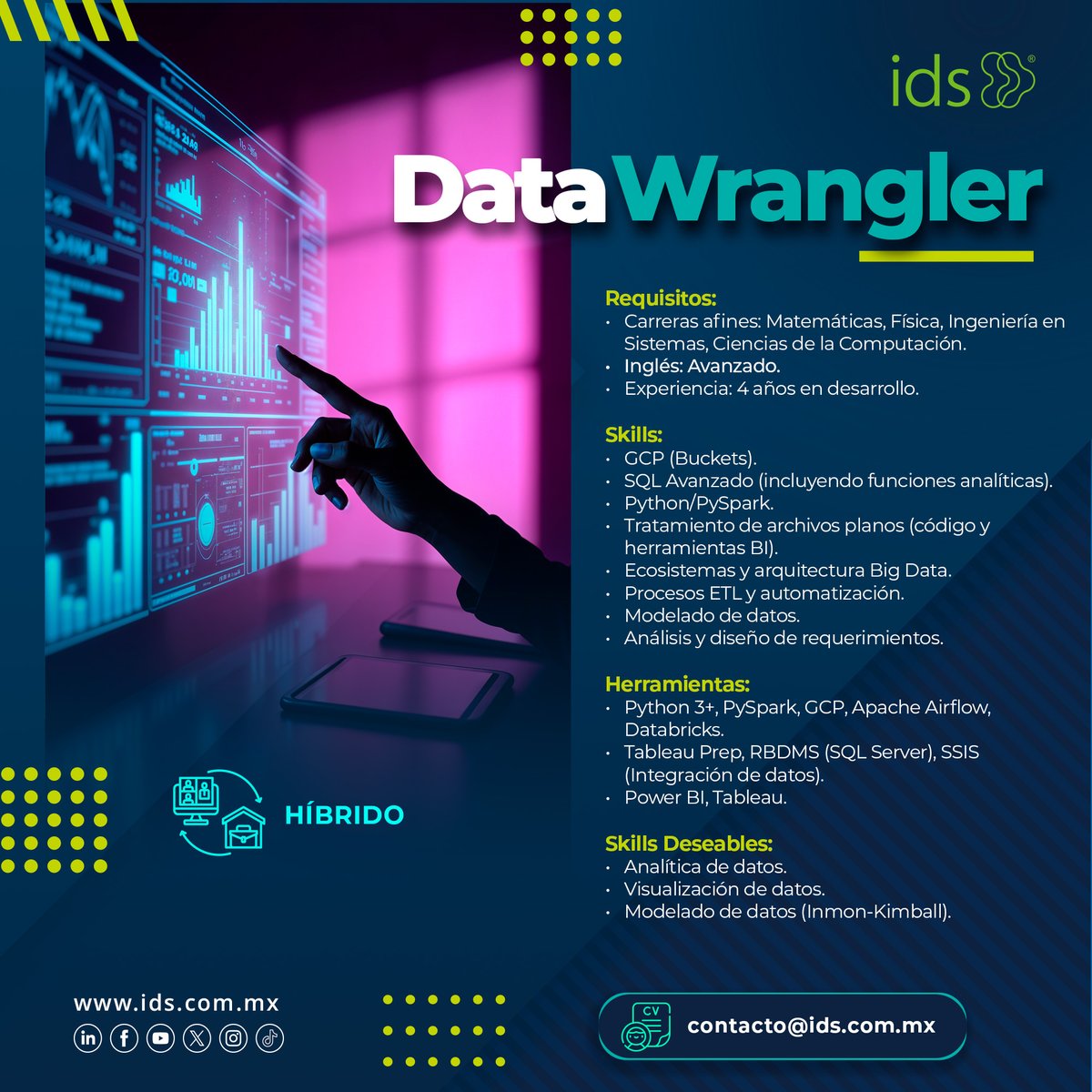 idscomercialTI's tweet photo. 🔎¡Te estamos buscando #DataWrangler, #DataEngineer y #BIBooster!
Aplica tus conocimientos y desarrolla tu potencial con @idscomercialTI  📈
🎯Aplica a estos perfiles:
✅ Data Wrangler: 6 vacantes
✅ Data Engineer: 6 vacantes
✅ BI Booster
📌 Envíanos tu CV a contacto@ids.com.mx https://t.co/ejJPVtZUdO