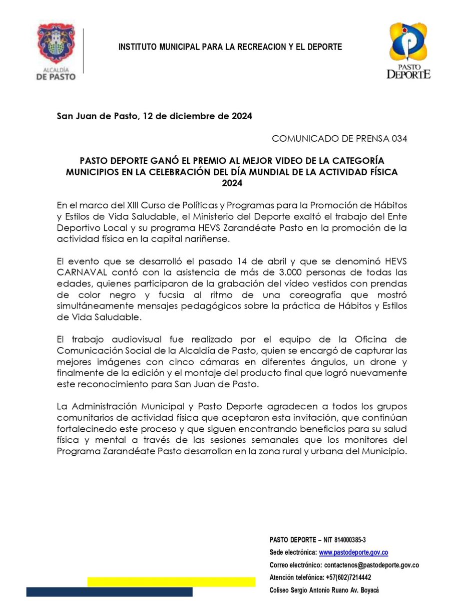 En el marco del XIII Curso de Políticas y Programas para la Promoción de Hábitos y Estilos de Vida Saludable, <a href="/MinDeporteCol/">Ministerio del Deporte</a> entregó el reconocimiento a <a href="/PastoDeporte/">Pasto Deporte</a> como ganador del mejor video de la categoría municipios en la celebración del #díamundialdelaactividadfísica🥇👏