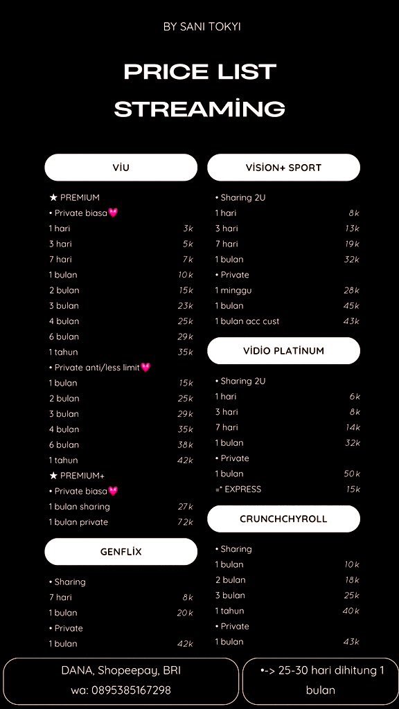 Arinsanuiii's tweet photo. Bismillah, Pl App prem #zonauang️ 

NETFLIX , VIU , VISION + SPORT , VIDIO PLATINUM , GENFLIX , CRUNCHYROLL , WETV, LOKLOK , HBO GO , YOUKU , APPLE TV , KLIK FILM , AMAZON PRIME VIDEO , BSTATION , STREAMING https://t.co/orkHd7IRjx