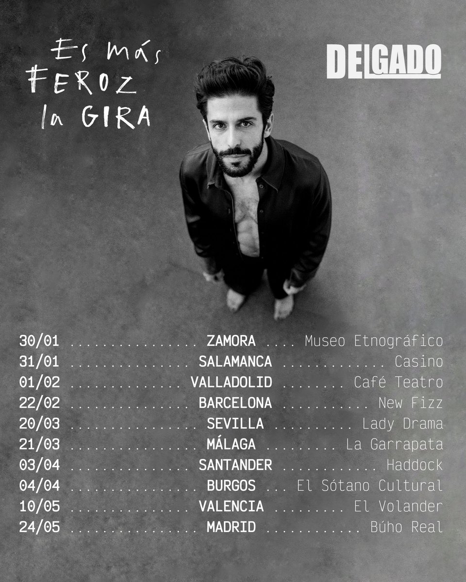 DELGADO (@delgado_musica) on Twitter photo Menudo colofón de un año increíble. Mi primera gira!
Cantar en tantos lugares me ilusiona mucho. Gracias infinitas a mi manager <a href="/PaulaEnriquezG/">Paula Enríquez</a> 🫶
Me acompañará la maravillosa <a href="/DianaErenas/">DianaErenas</a> 🔥
¡Id guardándoos las fechas! ✍️
Cartelazo: <a href="/terereesa/">Tereresa</a>
Foto y tipografía: <a href="/CloudyDonna/">Donna</a> Menudo colofón de un año increíble. Mi primera gira!
Cantar en tantos lugares me ilusiona mucho. Gracias infinitas a mi manager <a href="/PaulaEnriquezG/">Paula Enríquez</a> 🫶
Me acompañará la maravillosa <a href="/DianaErenas/">DianaErenas</a> 🔥
¡Id guardándoos las fechas! ✍️
Cartelazo: <a href="/terereesa/">Tereresa</a>
Foto y tipografía: <a href="/CloudyDonna/">Donna</a>