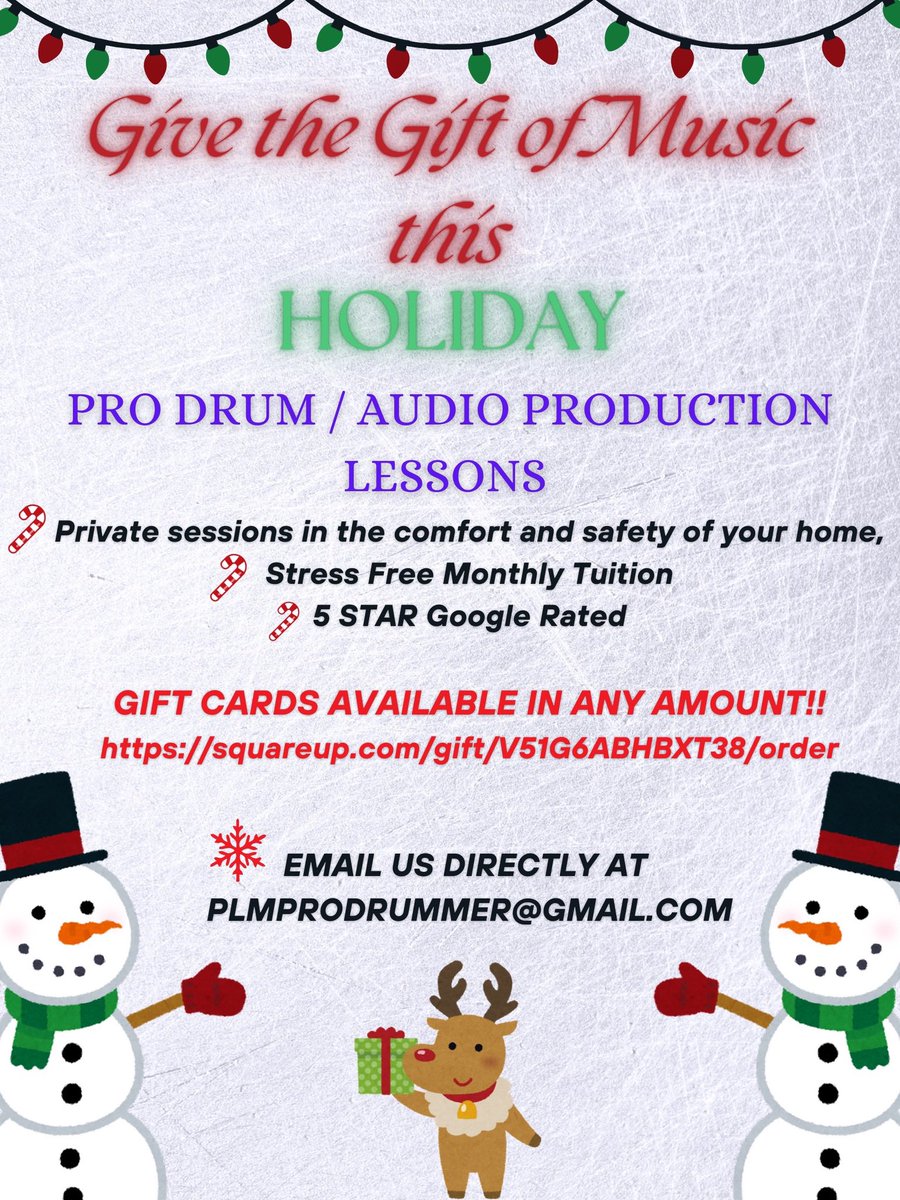 plmprodrummer's tweet photo. 🎄SESSION SPOTS ARE FILLING UP! Give your child or family member the Gift of Music!! 🎁 🎅 

🥁 Drum/Drumset/Drumline/Concert Percussion
🎧 Audio Engineering /Digital Music Production
🎵 ⭐️ Stage Performance

E-gift Card: https://t.co/MKWZhrwTsY
plmprodrummer@gmail.com or DM !! https://t.co/j07WeBMXxA
