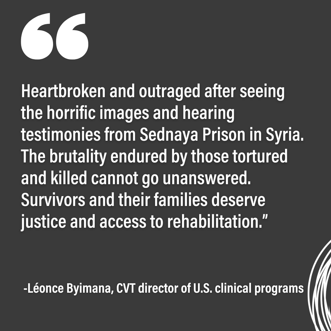 Center for Victims of Torture (@cvtorg) on Twitter photo A word from CVT’s <a href="/leonceby/">Leon</a> as detainees are freed from Sednaya: "Heartbroken and outraged after seeing the horrific images and hearing testimonies from Sednaya Prison in Syria. The brutality endured by those tortured and killed cannot go unanswered. Survivors and their families A word from CVT’s <a href="/leonceby/">Leon</a> as detainees are freed from Sednaya: "Heartbroken and outraged after seeing the horrific images and hearing testimonies from Sednaya Prison in Syria. The brutality endured by those tortured and killed cannot go unanswered. Survivors and their families