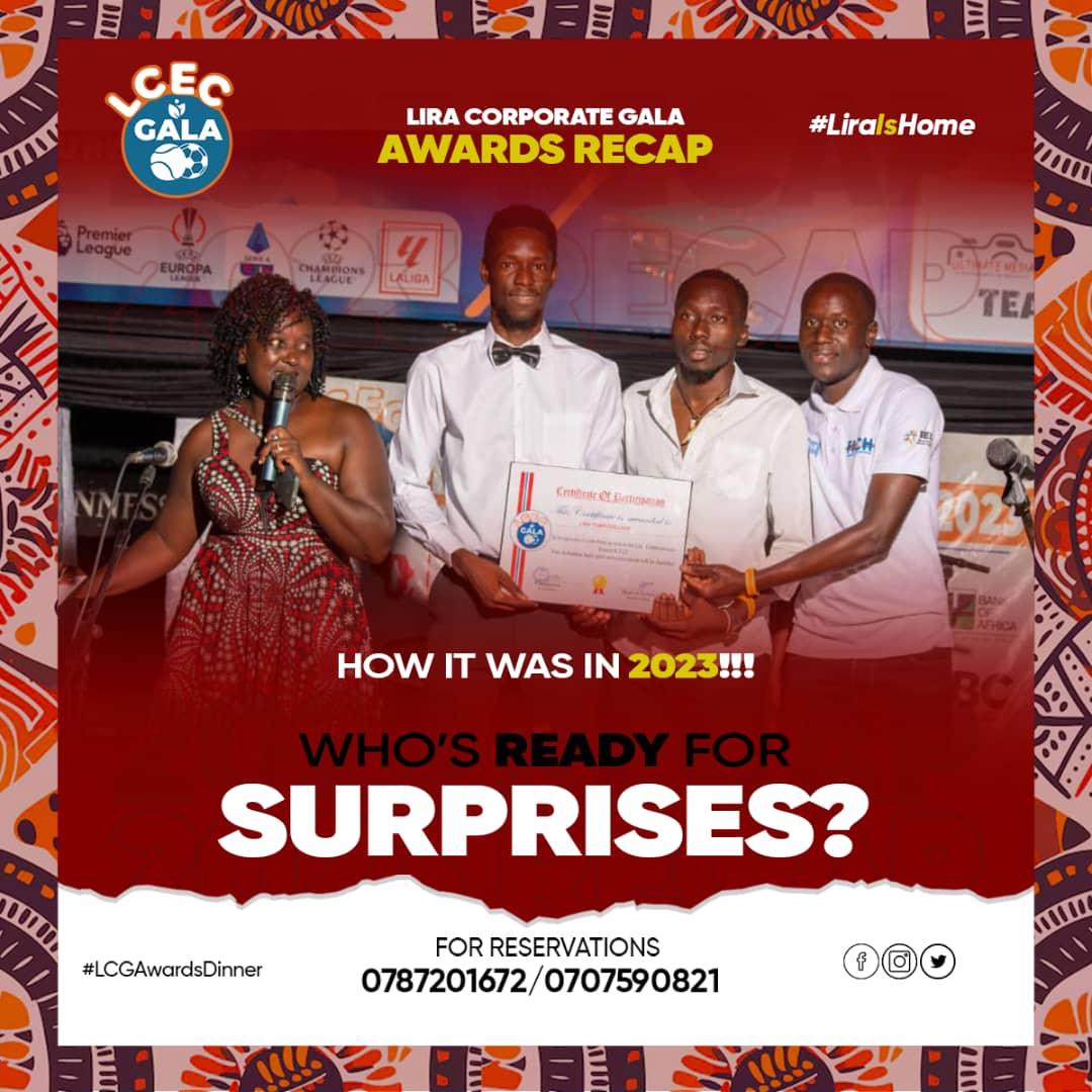 Brace yourself for brackets of surprises from surprise artists, shiny medals, to unforgettable recognitions.

Be part of the winning spirit and join us at the Awards Dinner 2024.

December 13th
Lira City Gardens
Call 0787201672 to book your spot today!

#LCGAwardsDinner2024