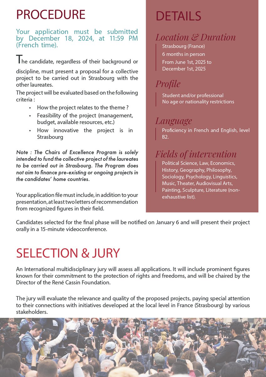 franceaucanada's tweet photo. 📣 #CallForApplication
 
@IIDHStrasbourg is organizing the Chairs of Excellence 💫on "Electoral processes, Rights  and Freedoms", a program open to students &amp; professionals with a B2  level in French
 
📍Strasbourg 🇫🇷
📆June-Dec. 2025
 
⌛️ Apply before 18 Dec. #chairerenecassin https://t.co/nh6oDb9P3G