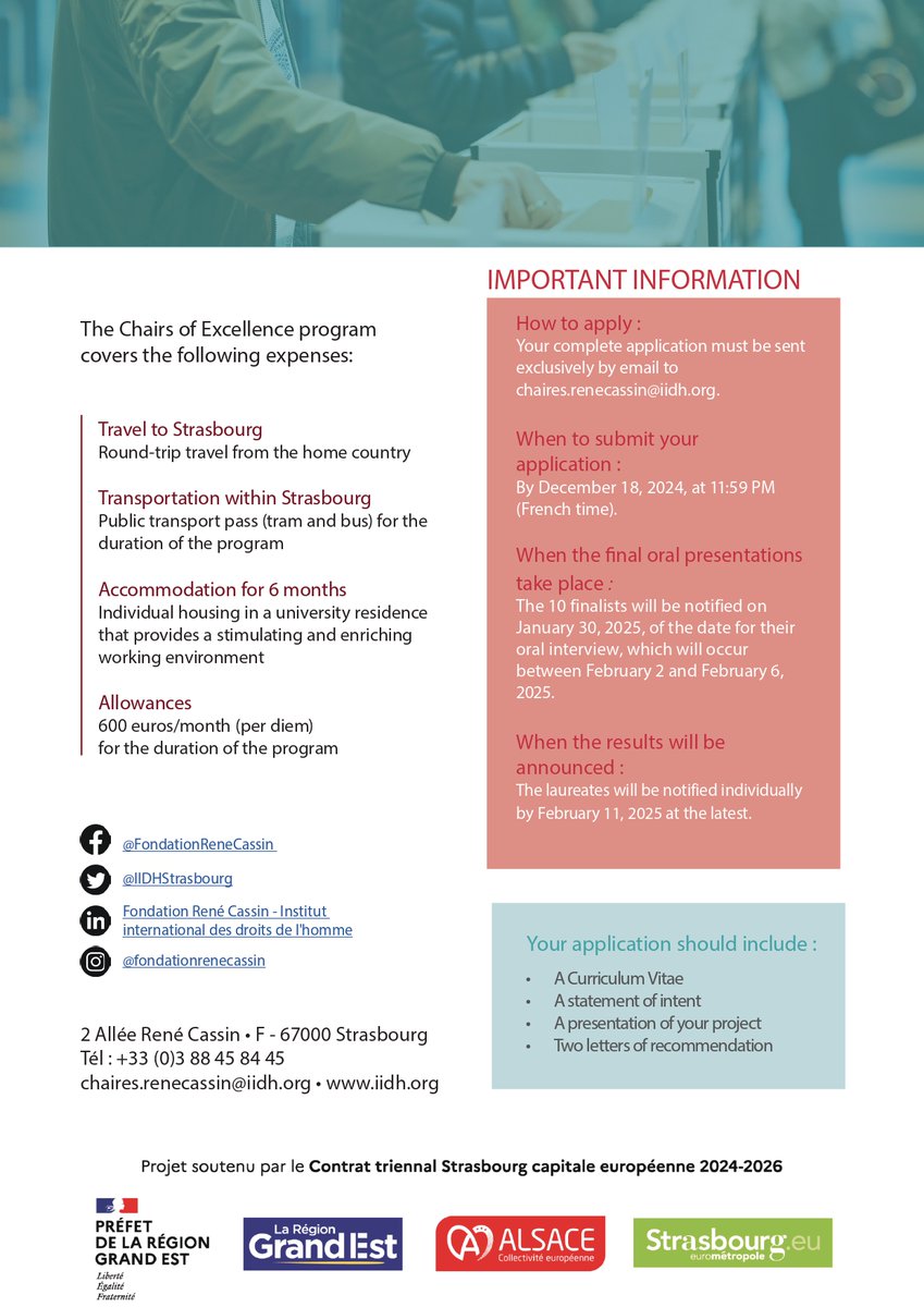 franceaucanada's tweet photo. 📣 #CallForApplication
 
@IIDHStrasbourg is organizing the Chairs of Excellence 💫on "Electoral processes, Rights  and Freedoms", a program open to students &amp; professionals with a B2  level in French
 
📍Strasbourg 🇫🇷
📆June-Dec. 2025
 
⌛️ Apply before 18 Dec. #chairerenecassin https://t.co/nh6oDb9P3G