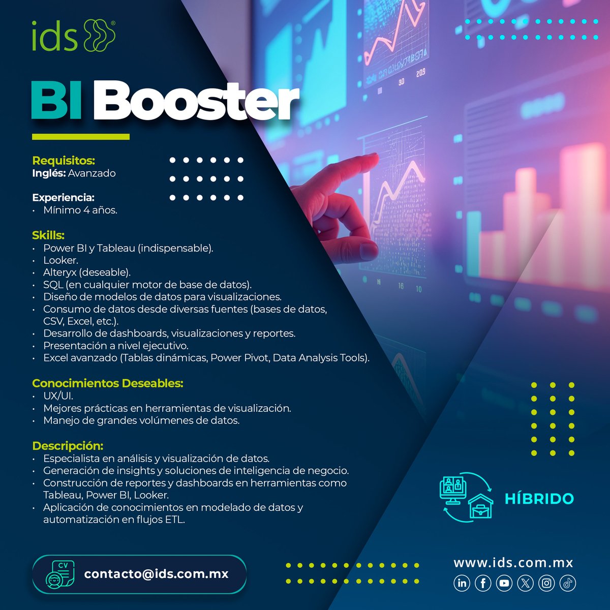 idscomercialTI's tweet photo. 🔎¡Te estamos buscando #DataWrangler, #DataEngineer y #BIBooster!
Aplica tus conocimientos y desarrolla tu potencial con @idscomercialTI  📈
🎯Aplica a estos perfiles:
✅ Data Wrangler: 6 vacantes
✅ Data Engineer: 6 vacantes
✅ BI Booster
📌 Envíanos tu CV a contacto@ids.com.mx https://t.co/ejJPVtZUdO