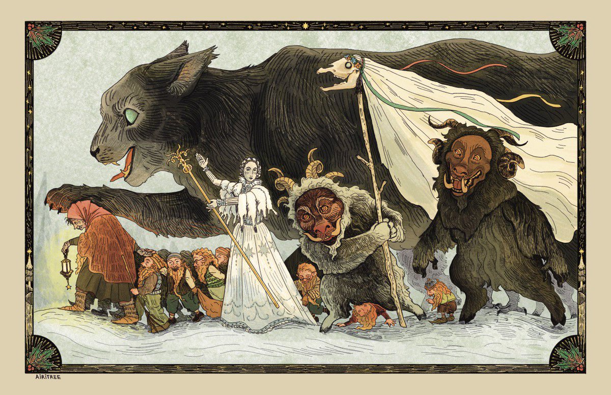 AiriTree's tweet image. 🌲✨The Yule March ✨🌲 Art Prints available on my Etsy shop AiriTree in the bio! 
-
-
[From left to right: Gryla &amp;amp; her Yule Lads, the Yule Cat, Perchta and her Straggele demons, and Mari Lwyd…]