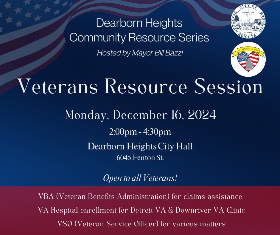 All veterans are invited to a Veterans Resource Fair at City Hall on Monday, December 16.  The event is from 2 p.m. to 4:30 p.m. and there is no charge to attend.

#DearbornHeights #veterans