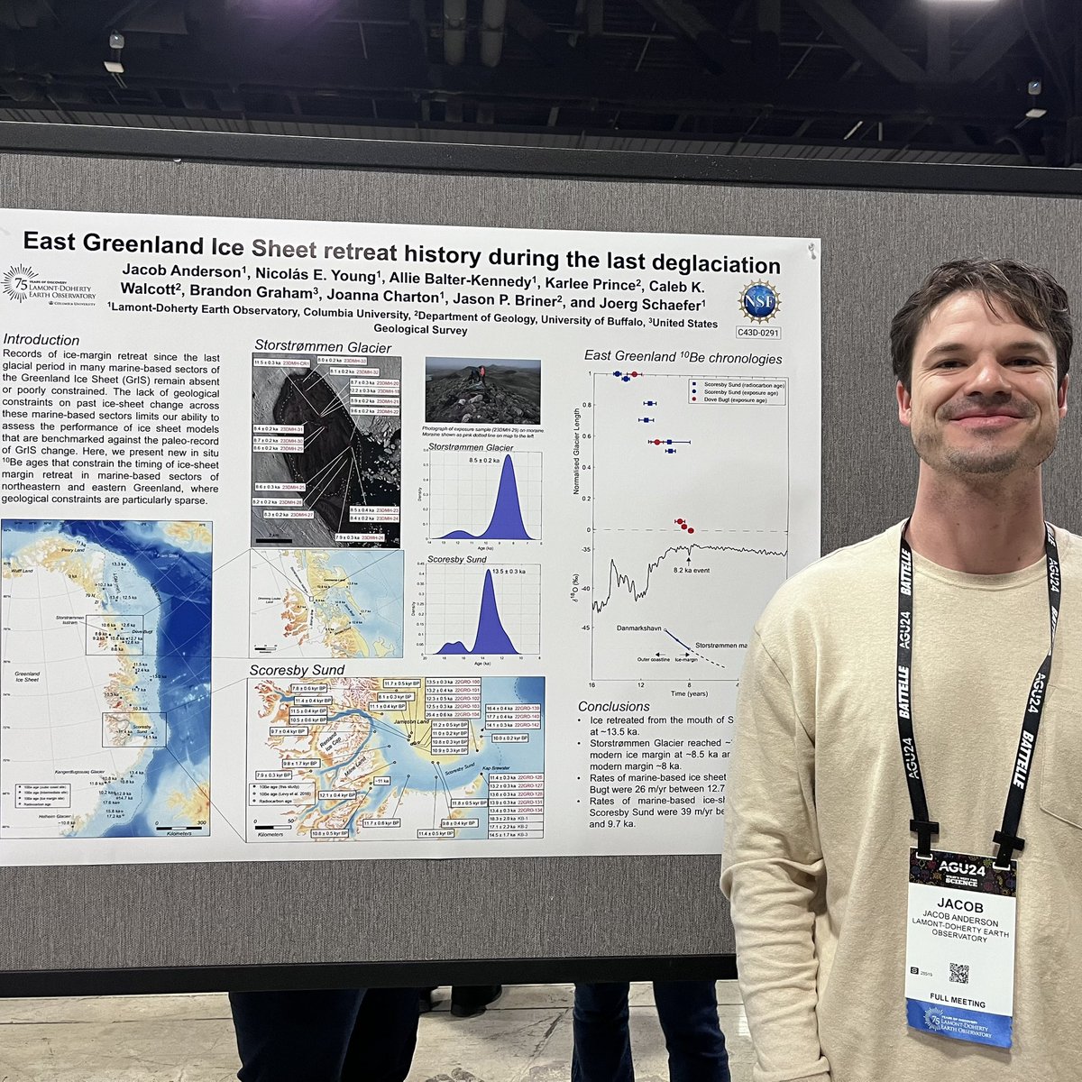 At #AGU24? Come by today and check out my poster (C43D-0291) on East Greenland Ice Sheet retreat during the last deglaciation. <a href="/LamontEarth/">LDEO</a> <a href="/columbiaclimate/">Columbia Climate School</a> <a href="/theAGU/">AGU (American Geophysical Union)</a>