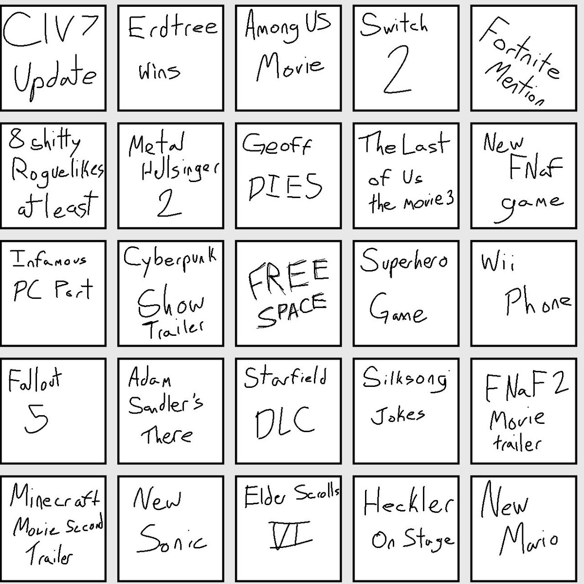What we thinking of the bingo card for tonight