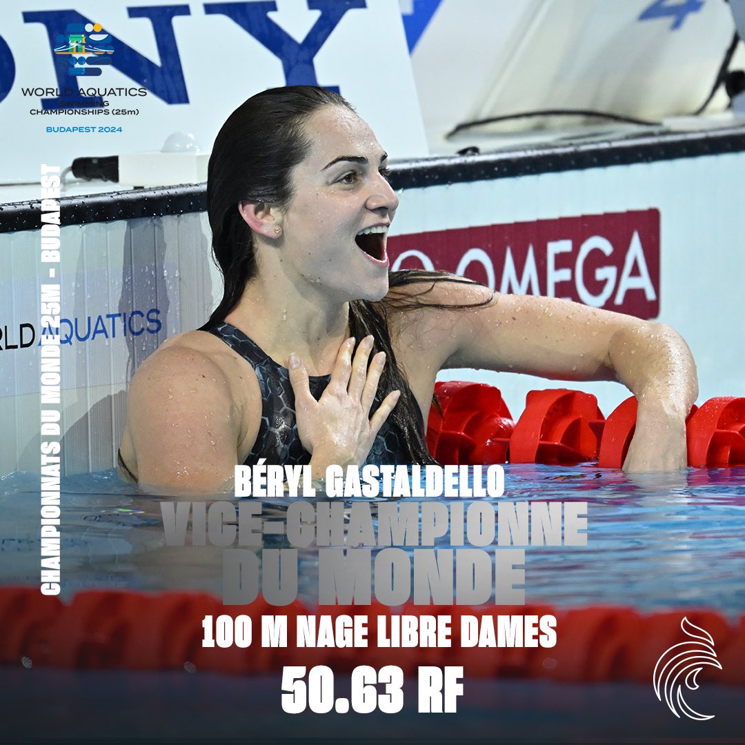 FFNatation's tweet photo. #EnDirect #Natation #Budapest2024
🥈Beryl GASTALDELLO réitère son exploit d’hier avec une magnifique médaille d’argent sur 100m nage libre et un nouveau record de France en 50.63 ! 
Une course magistrale, bravo Beryl 🔥 
📸 KMSP/ Lionel HAHN
#TeamFrance #TeamFFN https://t.co/Hoo2jKy0Kz