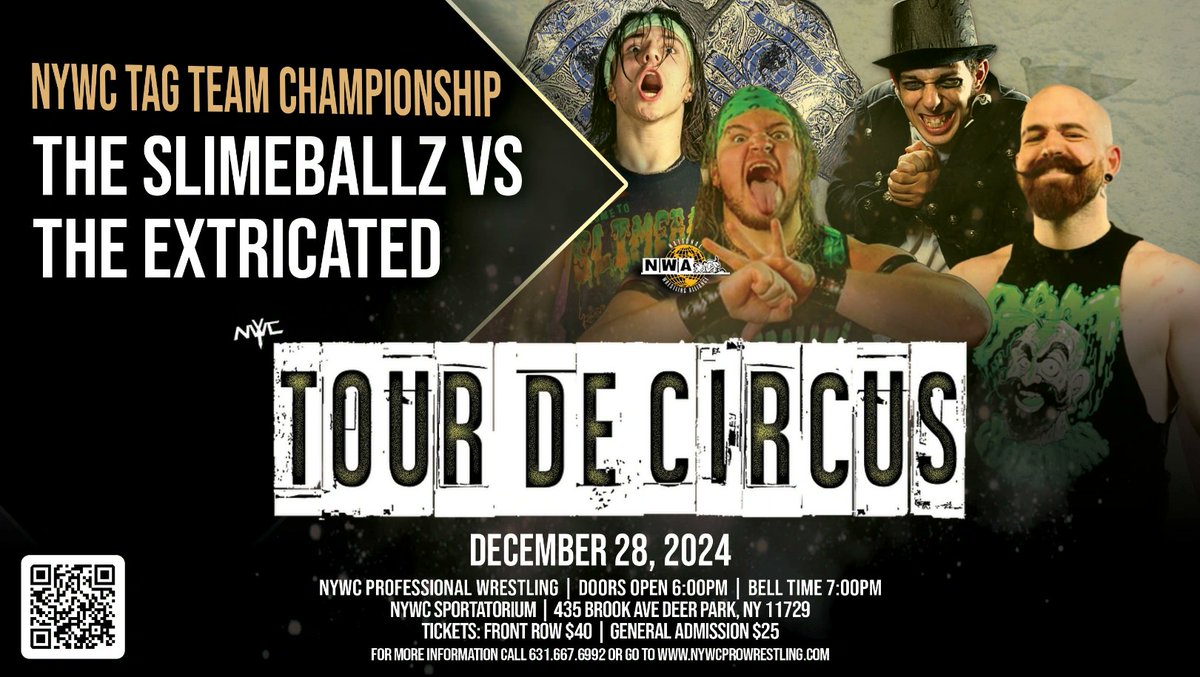 NYWCWRESTLING's tweet photo. In two weeks NYWC closes out 2024 with Tour de Circus!

Featuring
@SalSavelli 
@slimeballsage 
@SlimetimeTommy 
@MouseHasRabies 
@BamSullivan 
@THEEA1G 
@TheIsaiahWolf 
@AmityLaVey666 
@znthpro 
@TheJarettDiaz 
@nobodysbetta 
And more to come!

🎟: https://t.co/15SuP0LtTk https://t.co/sLO2SThIo2