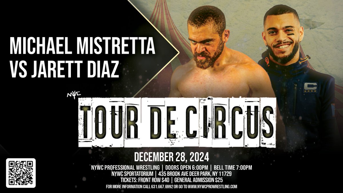 In two weeks NYWC closes out 2024 with Tour de Circus!

Featuring
<a href="/SalSavelli/">Salvatore Savelli</a> 
<a href="/slimeballsage/">SLIMEBALL SAGE🦠</a> 
<a href="/SlimetimeTommy/">Tommy Rant</a> 
<a href="/MouseHasRabies/">Mouse</a> 
<a href="/BamSullivan/">𝕭𝖆𝖒 𝕾𝖚𝖑𝖑𝖎𝖛𝖆𝖓</a> 
<a href="/THEEA1G/">THEEA1G</a> 
<a href="/TheIsaiahWolf/">Isaiah Wolf</a> 
<a href="/AmityLaVey666/">𐕣 𝔸𝕞𝕚𝕥𝕪 𝕃𝕒𝕍𝕖𝕪 𐕣</a> 
<a href="/znthpro/">🦅 Zenith 🦅</a> 
<a href="/TheJarettDiaz/">Jarett Diaz Brand 🇵🇷🗽</a> 
<a href="/nobodysbetta/">Michael Mistretta</a> 
And more to come!

🎟: nywcprowrestling.com