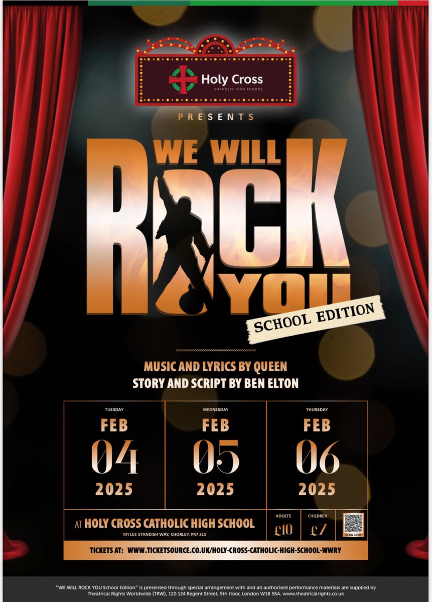 holycrosschorl's tweet photo. 🎸 The Performing Arts Department are excited to announce that the tickets for ‘We Will Rock You’ school edition are now on sale.  

🎶 The musical will take place on Tuesday 4 February, Wednesday 5 February and Thursday 6 February 2025. https://t.co/ByJ0cTydbi
