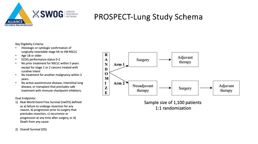 ElliotServaisMD's tweet photo. PROSPECT-Lung has opened

Perioperative chemoimmuno vs adjuvant only for stage IIA-IIIB resectable NSCLC

@SWOG 

An important study, but does the community have equipoise for upfront surgery? https://t.co/05ZASeZm4Y