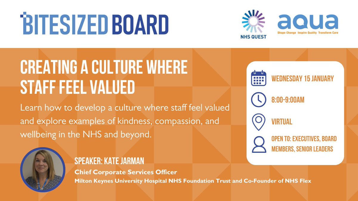 Advancing Quality Alliance (Aqua) (@aqua_nhs) on Twitter photo Register for our next #BitesizedBoard session with Kate Jarman, Chief Corporate Services Officer at <a href="/MKHospital/">Milton Keynes University Hospital NHS FT</a> and Co-Founder of @flexNHS
🌟 Topic: Creating a culture where staff feel valued
🔗 Register: buff.ly/3ZwLRy4
👋 Exec/Non-Exec Board Members, Senior Leaders Register for our next #BitesizedBoard session with Kate Jarman, Chief Corporate Services Officer at <a href="/MKHospital/">Milton Keynes University Hospital NHS FT</a> and Co-Founder of @flexNHS
🌟 Topic: Creating a culture where staff feel valued
🔗 Register: buff.ly/3ZwLRy4
👋 Exec/Non-Exec Board Members, Senior Leaders