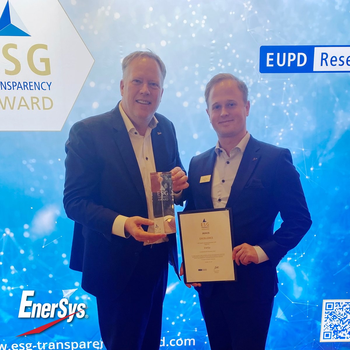 We’re proud to announce EnerSys has won the German ESG Transparency Award 2024!

This achievement reflects:
- 25% Scope 1 emissions reduction since 2019
- 15% energy intensity improvement since 2020
- Industry-leading ESG reporting

Read the press release: bit.ly/3DnIfH9