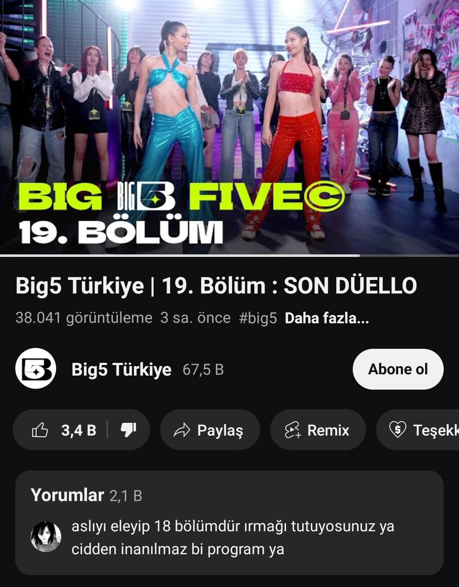 Yıllardır YouTube kullanıyorum ve dislike attığım video sayısı 2 falan olması lazım, Big5 sağ olsun bugün 3 oldu xd Yorum sahibi değilim ama çok güzel bir yorum olduğu için yorumu kırpmadım xd 
Bok gibi de bölümdü Big5 benim için bitmiştir.