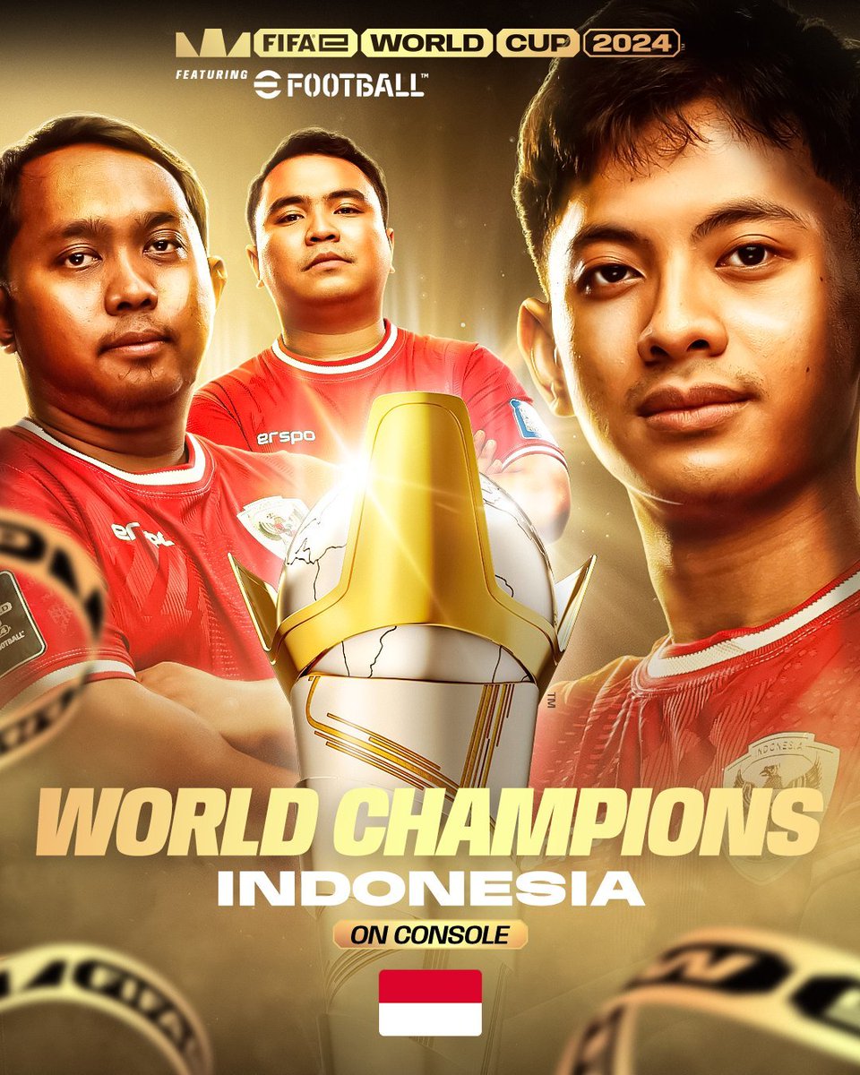 FaktaSepakbola's tweet photo. Ladies and gentlemen, INDONESIA juara dunia! 🇮🇩

🏆 WORLD CHAMPIONS ajang FIFAe World Cup 2024 game eFootball kategori console!

🏆 WORLD CHAMPIONS ajang FIFAe World Cup 2024 game Football Manager! https://t.co/1F2LzTJ0Wb