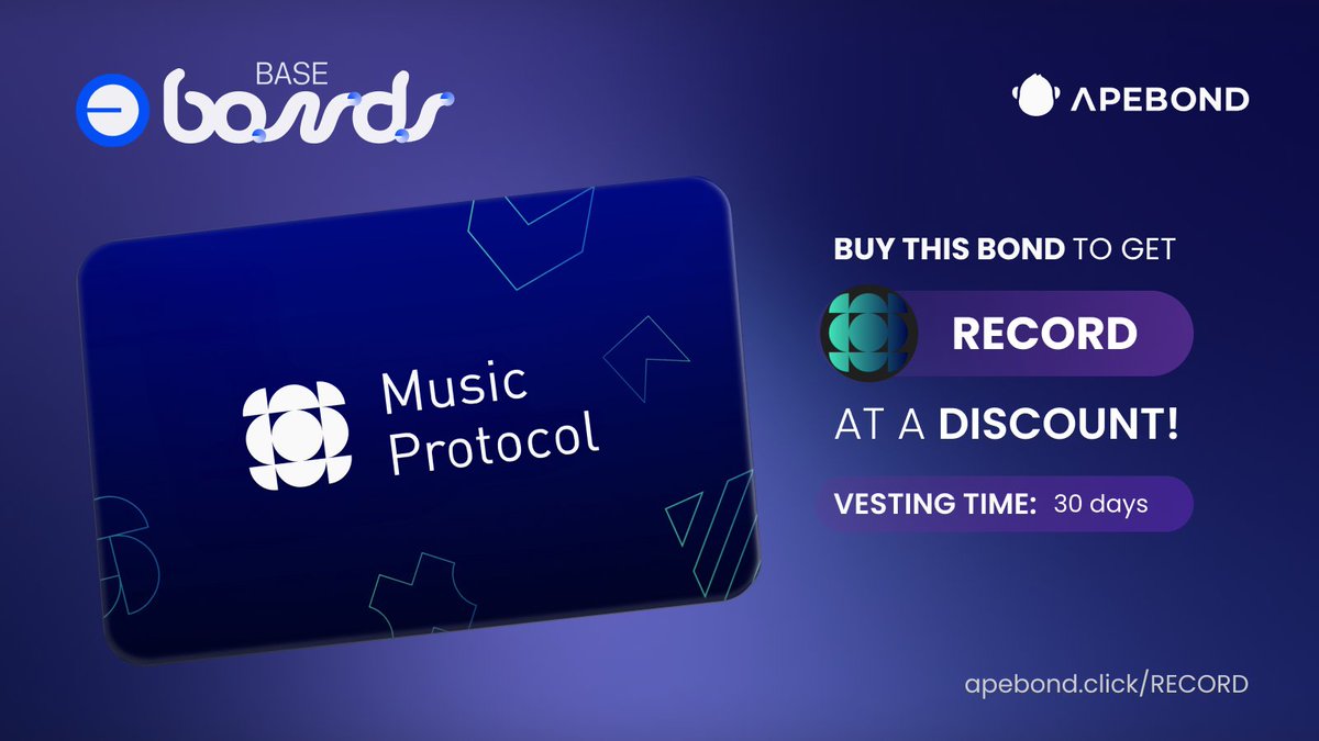ApeBond's tweet photo. 🆕 Round of Bonds with @MusicProtocolX! 🤝

Music Protocol is revolutionising music finance by tokenising high-quality royalty cash flows, unlocking on-chain liquidity and yield opportunities. Powered by $RECORD. #RWA

🎶 Get $RECORD at a discount!
➡️ https://t.co/swClaobugA
