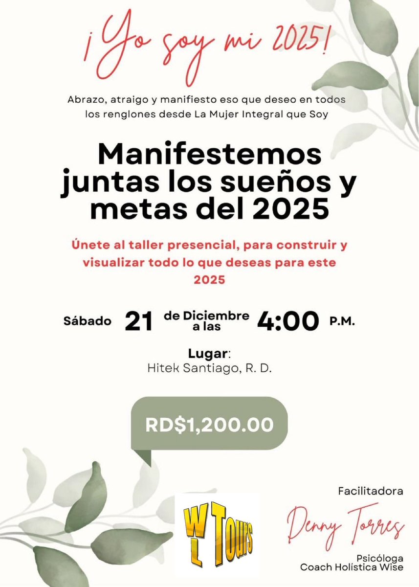 WL_Tours's tweet image. Yo soy mi 2025…

Te animas a tener el  control y resetearte?

Cupo limitado!

Reservas al (809) 724-2337

#estilodevida #Sicología #DennyTorres #conferencia