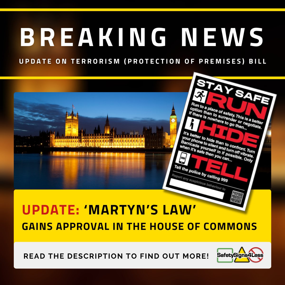 SafetySigns4Les's tweet photo. 🚨 Prepare for Martyn’s Law Now! 🚨

The Terrorism (Protection of Premises) Bill has passed the House of Commons and is expected to become law soon.

✔ Use our PREPARE, PROTECT, PREVENT Posters to promote security awareness

https://t.co/kksGlirZrL

#SafetySigns4Less #MartynsLaw https://t.co/2Yu9TZJOmL