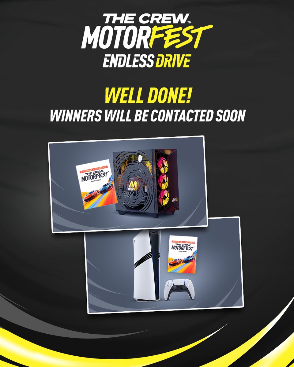TheCrewGame's tweet photo. 📊 The #EndlessDrive is over!
Thanks to everyone who made this event unforgettable, and congrats to Team Yellow for claiming the win! 🏆
The winners of the PS5 Pros and custom #TheCrewMotorfest PCs will be contacted soon via email 🎁
👉 Final standings: https://t.co/nNKS46S9MR https://t.co/Ao7XQBZeWT