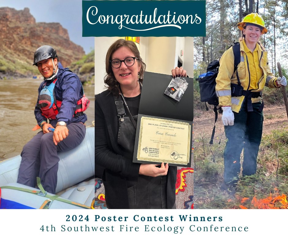 fireecology's tweet photo. Congratulations to the #SWFECO24 Student Poster Contest Winners! Abelino Fernandez Leger in 1st place, Cara Caruolo in 2nd place, and Tessa Putz in 3rd place ππ Learn more about their posters here: https://t.co/ZDBAT0h8Ic https://t.co/lBcMqG5uSj