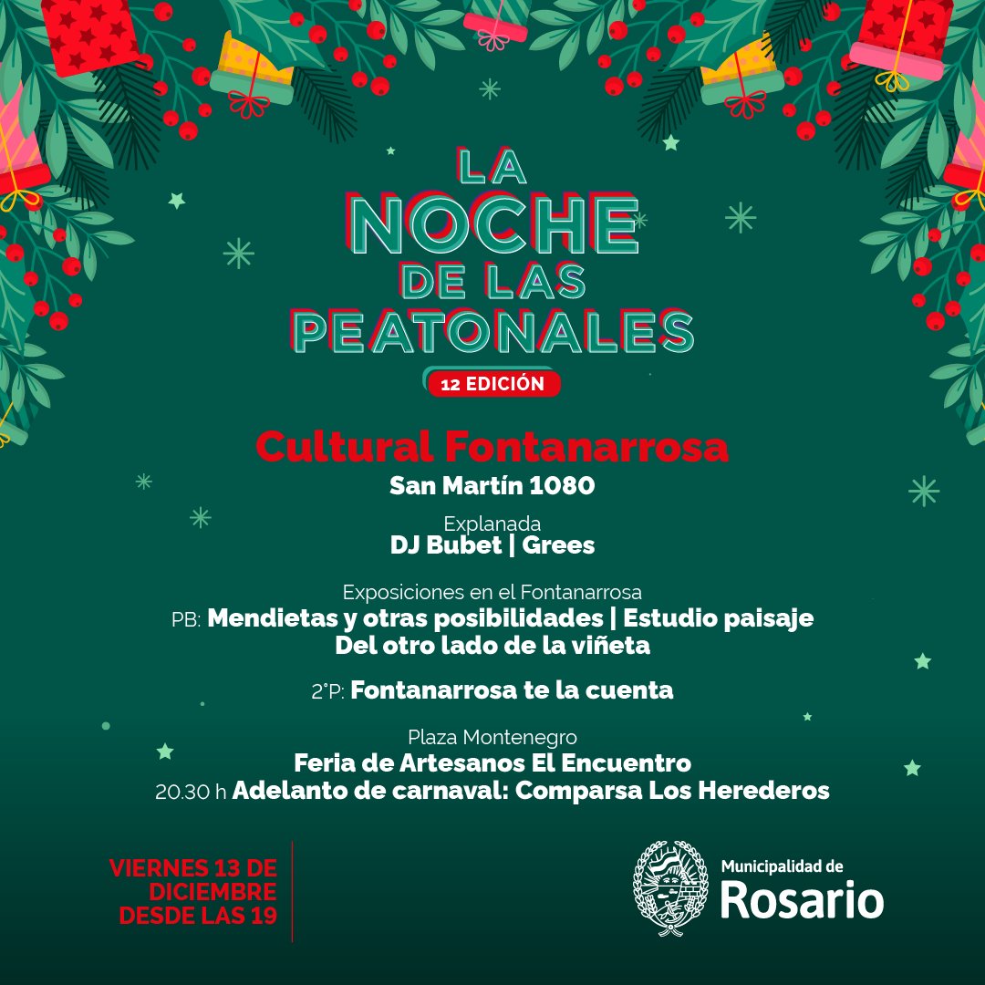 #NocheDeLasPeatonales en el Fontanarrosa🎄🫂 
🗓️Viernes 13/12 desde las 19h te esperamos en el Cultural con música y djs en vivo, gastronomía y exposiciones para toda la familia! 
🎶DJ Bubet / Grees / Comparsa Los Herederos y las muestras del Festival Fontanarrosa #gratis