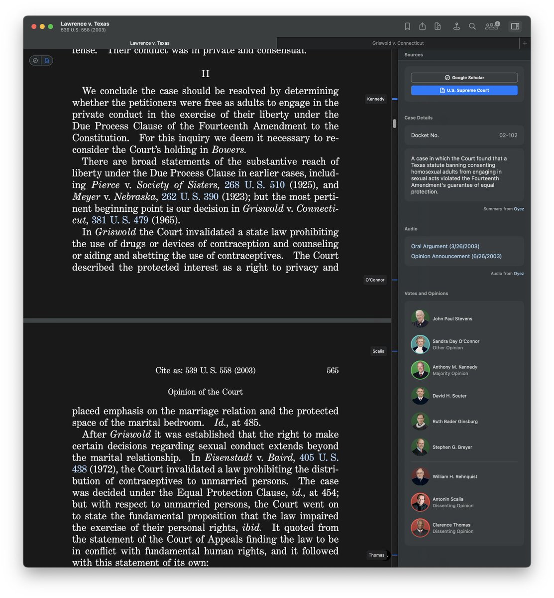 <a href="/CaseViewerApp/">Case Viewer</a> version 0.9.9 adds dark mode, support for Safari-style tabs, and support for @CourtListener as a data source (substituting for @CaselawAccess, which has sunset). Download at caseviewer.app!