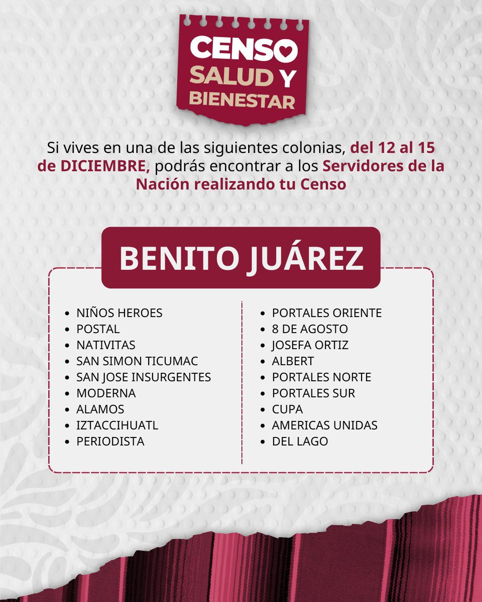Bienestar_CDMX's tweet photo. ATENCIÓN DERECHOHABIENTES DE LAS PENSIONES: ADULTOS MAYORES Y PERSONAS CON DISCAPACIDAD 📣

Éstas son las colonias que estaremos visitando durante el resto de la semana, en cada alcaldía de la CDMX. 🏘📍 https://t.co/mFBSbvnPzK