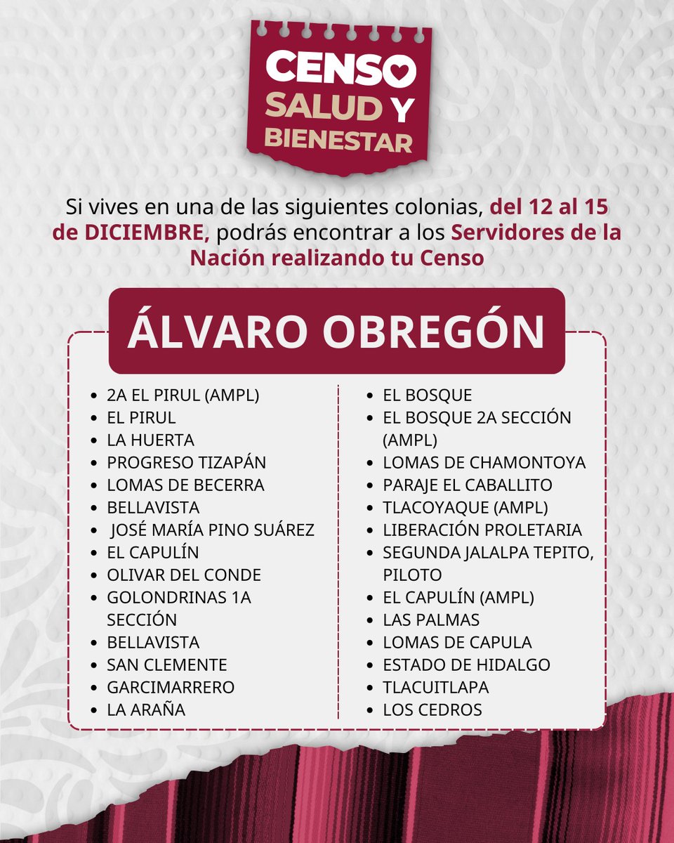 Bienestar_CDMX's tweet photo. ATENCIÓN DERECHOHABIENTES DE LAS PENSIONES: ADULTOS MAYORES Y PERSONAS CON DISCAPACIDAD 📣

Éstas son las colonias que estaremos visitando durante el resto de la semana, en cada alcaldía de la CDMX. 🏘📍 https://t.co/mFBSbvnPzK