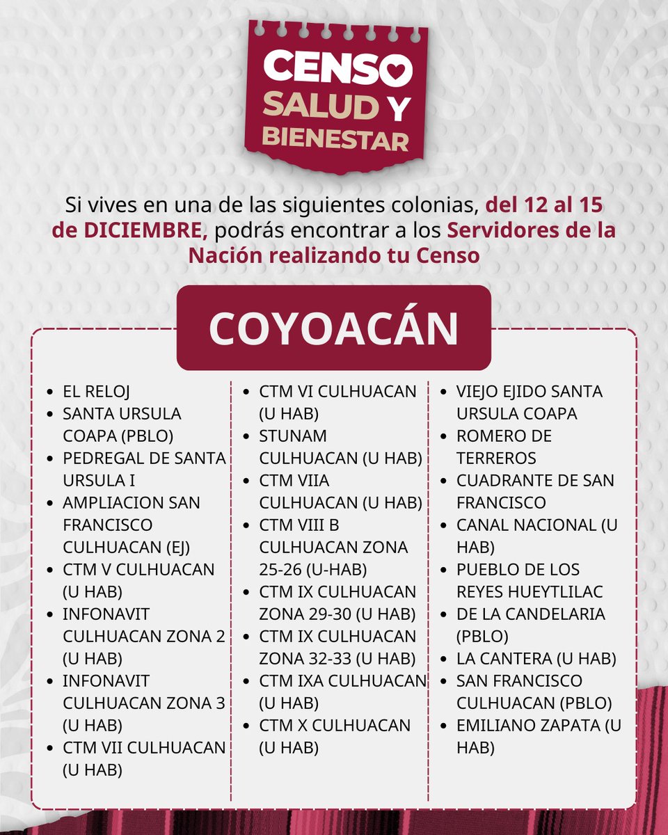 Bienestar_CDMX's tweet photo. ATENCIÓN DERECHOHABIENTES DE LAS PENSIONES: ADULTOS MAYORES Y PERSONAS CON DISCAPACIDAD 📣

Éstas son las colonias que estaremos visitando durante el resto de la semana, en cada alcaldía de la CDMX. 🏘📍 https://t.co/mFBSbvnPzK