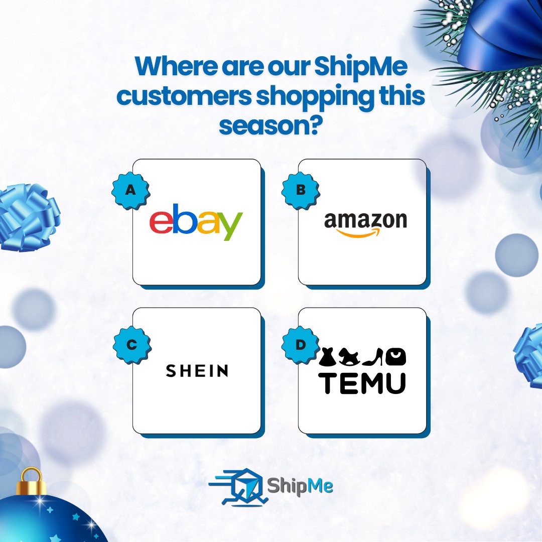 ShipMeCompany's tweet photo. We want to know—where are you shopping this season? 🛍️🎁 Amazon, eBay, or somewhere else? Cast your vote and let us know where the holiday deals are! 

#shipmeja #jamaicanonlineshoppers #kingstonshippingcompany #jamaicanshippingcompany #shippingservicesjamaica https://t.co/Pe89ZaMHV4