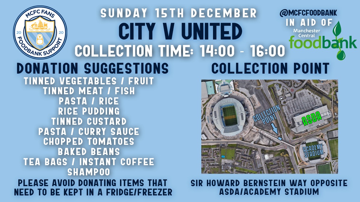 BlueMoonPodcast's tweet photo. If you're heading to today's #MCFC match, then please call and see the @MCFCfoodbank group beforehand with a donation if you can.

They're collecting for @McrFoodbank and every donation is welcome.

They'll be in the usual spot until about 4pm. https://t.co/8VMlATy9L8