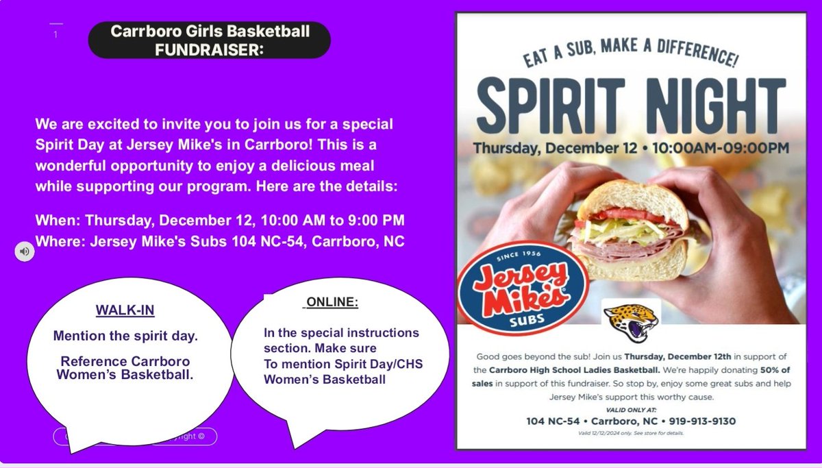 Run_Jags_Run's tweet photo. @CHSJaguars @chsstudentgovt @ADJonEvans @chccs @CarrboroPD @CarrboroFB 

Today is the fundraiser at Jersey Mike's. Please encourage your family, friends, yourself and the community to support Carrboro High Girl's basketball 🏀! https://t.co/BQZqHzT2EM