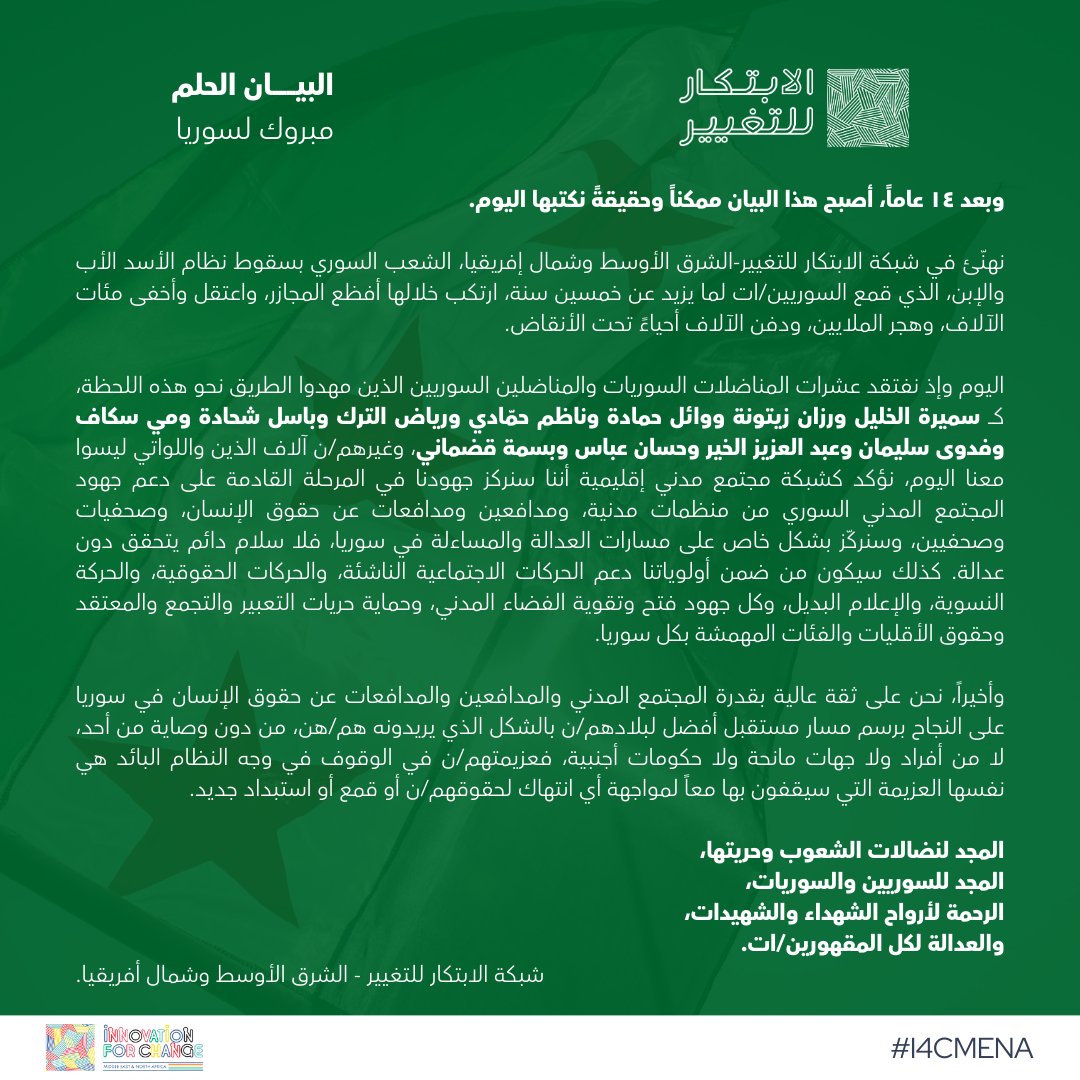 وبعد ١٤ عاماً، أصبح هذا البيان ممكناً وحقيقةً نكتبها اليوم.

نهنّئ في شبكة الابتكار للتغيير-الشرق الأوسط وشمال إفريقيا، الشعب السوري بسقوط نظام الأسد الأب والإبن، الذي قمع السوريين/ات لما يزيد عن خمسين سنة، ارتكب خلالها أفظع المجازر، واعتقل وأخفى مئات الآلاف، وهجر الملايين، ودفن