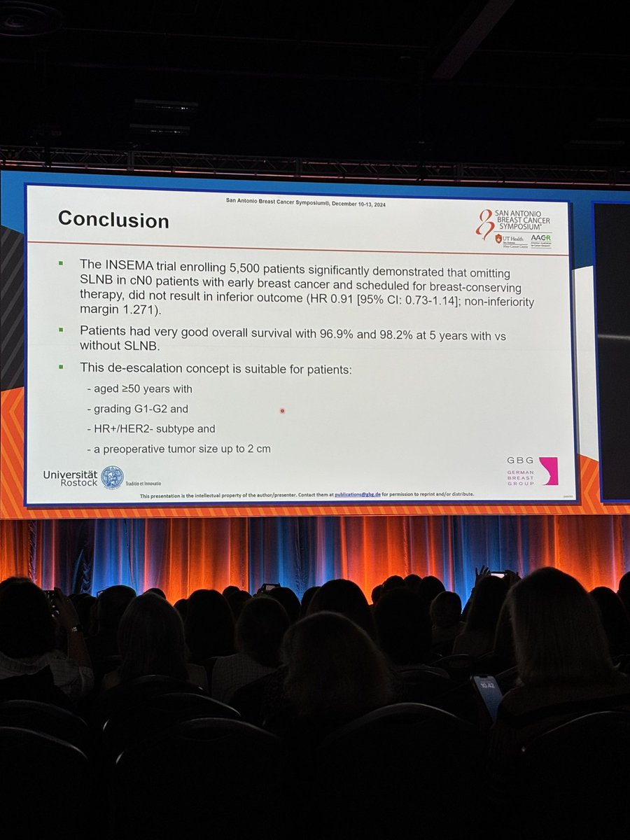 SABCS24-INSEMA Trial. Rand +/- SLNBx for cT1-2N0 all ax U/S, lump/RT to breast only.  N=5502. No diff in invDFS or OS. Very low LRF. Together with SOUND trial, appropriate to omit SLNBx for cT1N0 HR+ age &gt;50