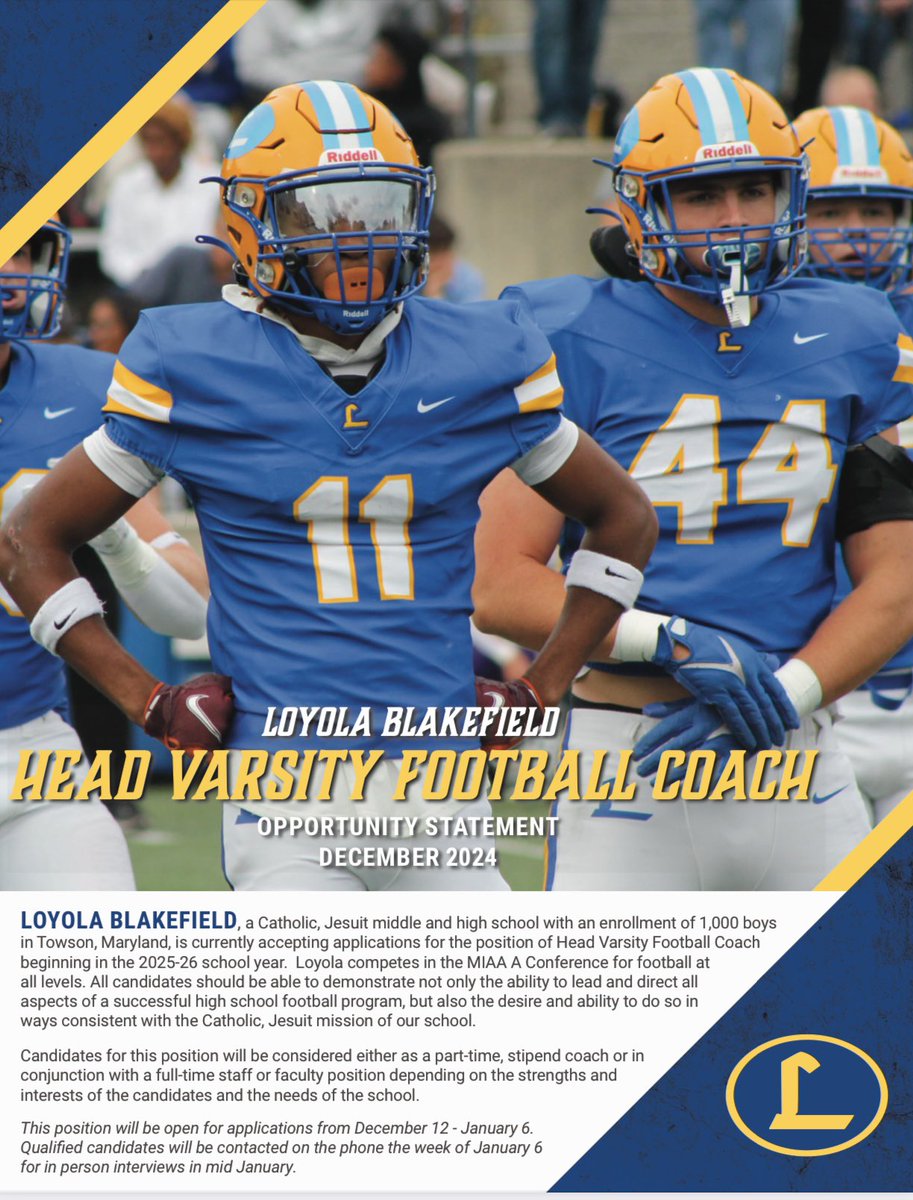 SebPrice's tweet photo. Calling all football coaches! 

Loyola Blakefield is a Jesuit all-boys school in Towson, MD with a strong history of producing great student-athletes and young men. 

We are currently looking for our next Varsity Football Head Coach. 

Apply here: https://t.co/PA6kWXPFmN https://t.co/rwnNwjuemj