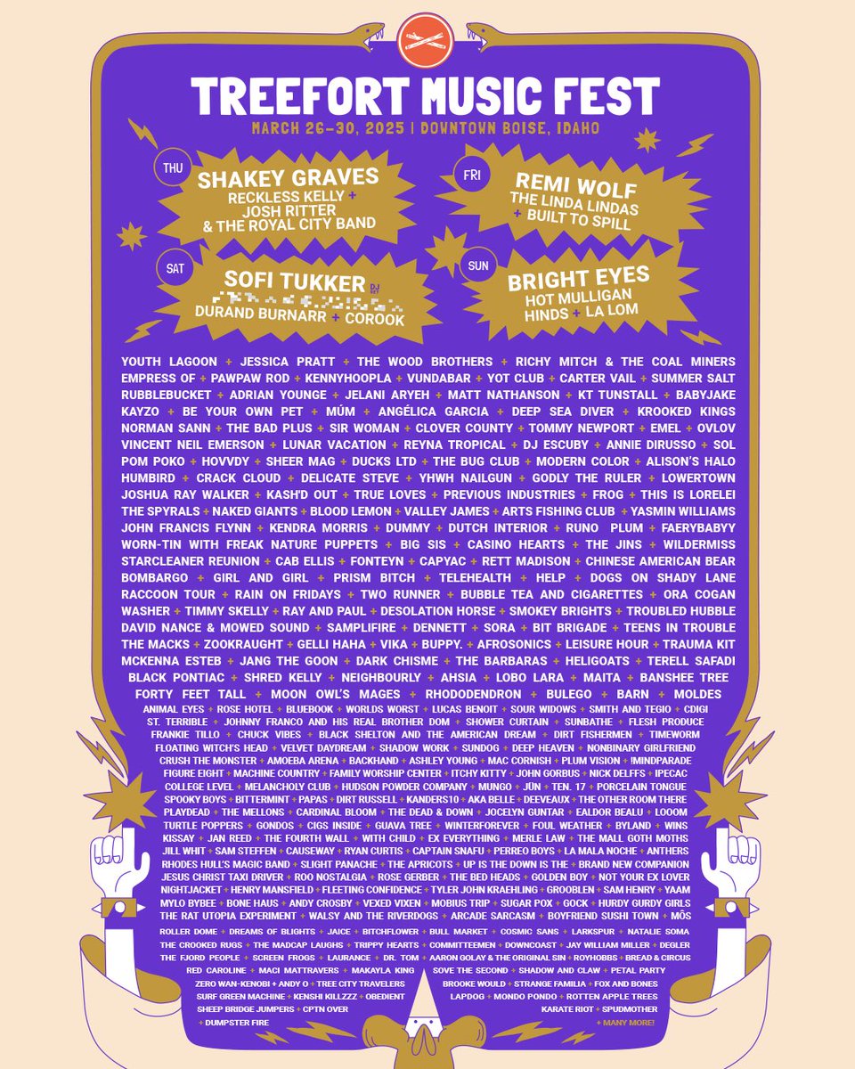 BEHOLD THE SECOND WAVE 🧙‍♂️
Dive into the 200+ new artists that have been added to the lineup, Download our app📲, sign up for our newsletter, and above ALL 👉 get your 5 day GA, Main Stage, and single day passes NOW before prices go 🆙 in January!👉
treefortmusicfest.com/tickets/