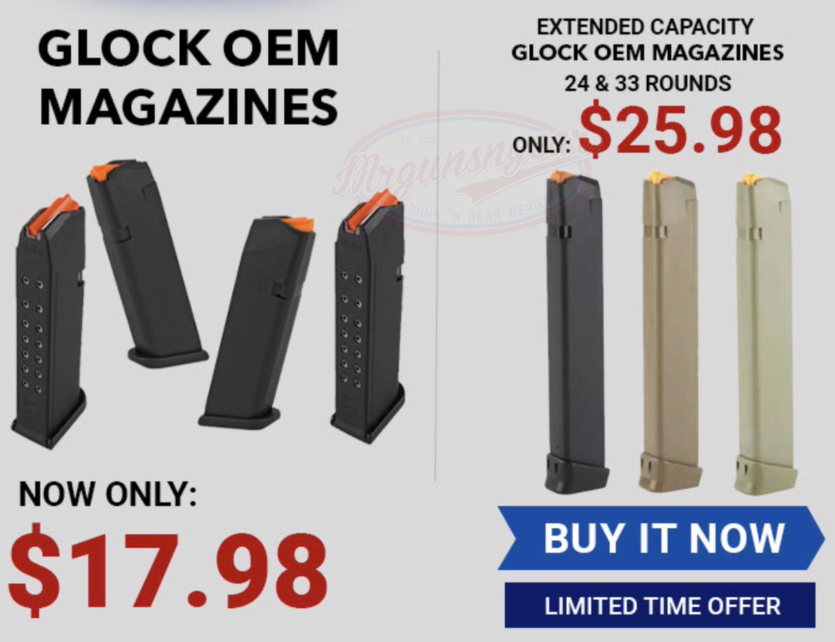 Mrgunsngear's tweet image. Standard capacity Glock magazines for $18/ea &amp;amp; improved capacity 24 &amp;amp; 33 round factory Glock mags for $26/ea currently here: mrgunsngear.org/41xSgvK

#glock #FunStick