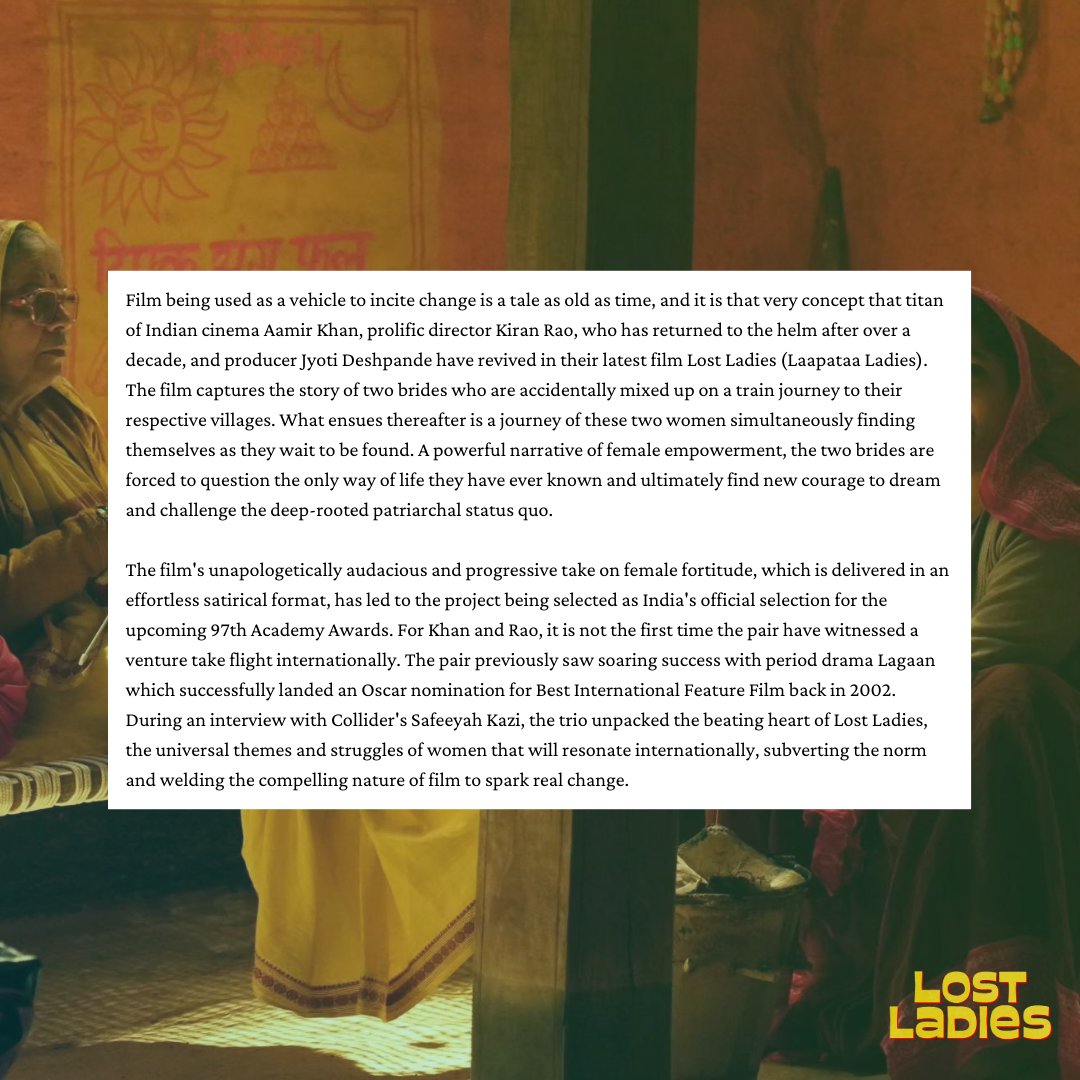 LostLadiesFilm's tweet photo. #AamirKhan and #KiranRao team up for cinematic magic with #LostLadies! 🎬✨ @Collider dives into how this dynamic duo brought India’s official Oscars® entry to life. Don’t miss this powerful, heartfelt story—now streaming on @netflix ! 🧡 #FYC #ForYourConsideration #Oscars2025 https://t.co/rrDVUzgrR3