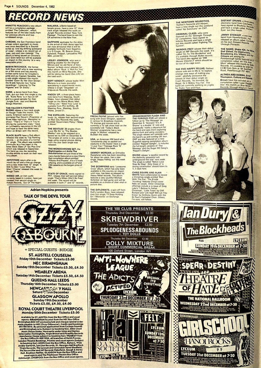 ZoundsAbound's tweet photo. A round up of this week’s Record & Tour News featuring information on #Chrome @RobynHitchcock #TheExpelled @themonoset #StateOfGrace @scorpions @DJFlash4eva @NNeurotics #MamasBoys #Demon #Stampede @TheToyDolls & #DaveEdmunds
Sounds Dec 4th 1982 https://t.co/KJ3FFxyhzQ