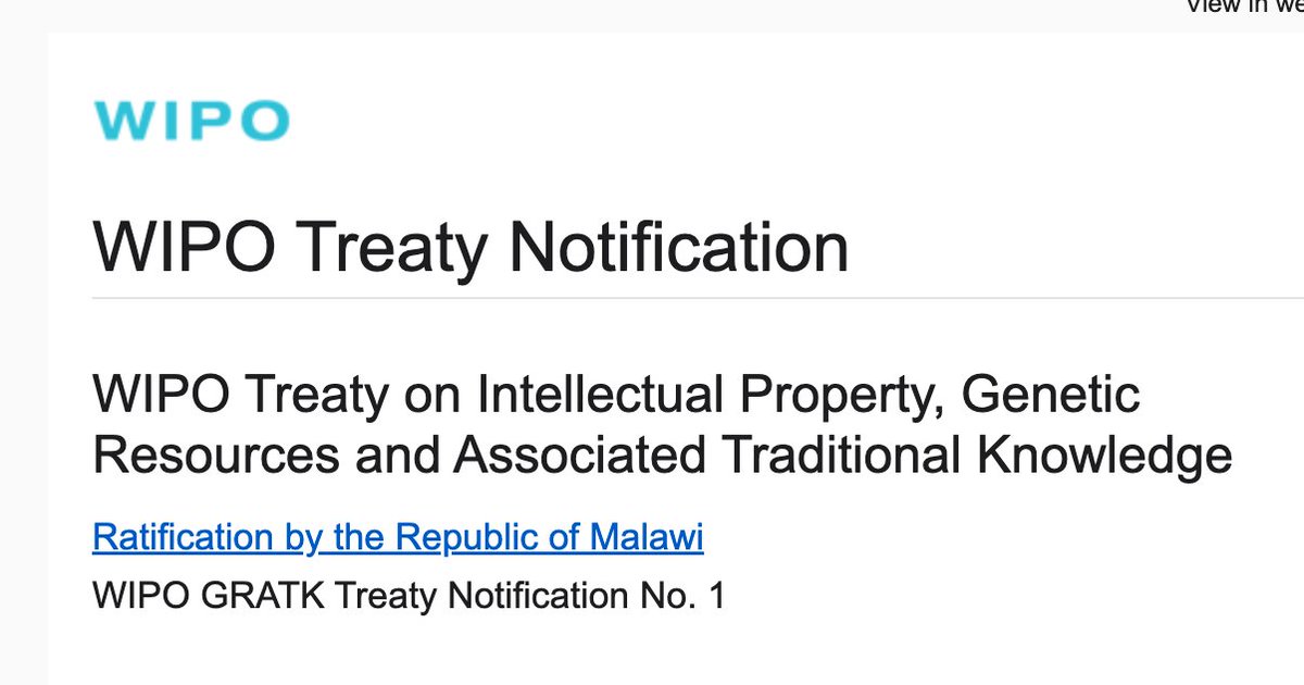 teluobir's tweet photo. Today, I received "WIPO GRATK Treaty Notification No. 1" 🥹😍 Malawi is the first country to ratify the new @WIPO #GRATK Treaty against #patent-based #biopiracy. Thank you 🇲🇼! https://t.co/3eKywcswSK