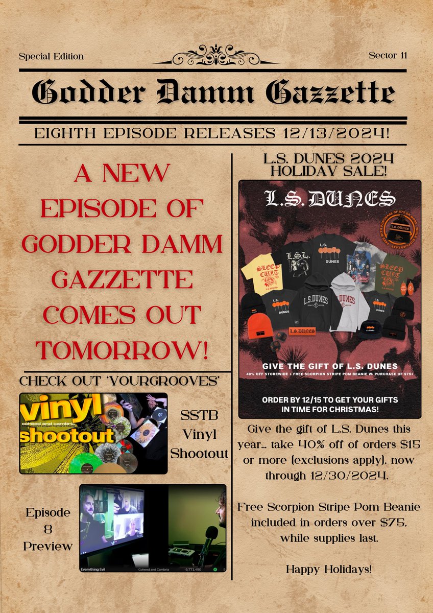 GDGazzette's tweet photo. We have a new episode (our final release of 2024) releasing TOMORROW🧪

Episode 8 preview: https://t.co/Il18aOi3dg

+ learn about SSTB vinyl from @groovingyourway, here: https://t.co/IL0VsjD5J9

There’s also a rad @lsdunes holiday sale going on RIGHT NOW! https://t.co/U3SJJ0CQWE https://t.co/Q9m49AfilP